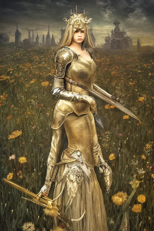 Image similar to portrait of a Girl Knight standing in the field of flowers,Dark Souls 3 themed, insanely detailed and intricate, golden ratio, elegant, ornate, luxury, elite, ominous, haunting, matte painting, cinematic, cgsociety, James jean, Brian froud, ross tran, Laputa