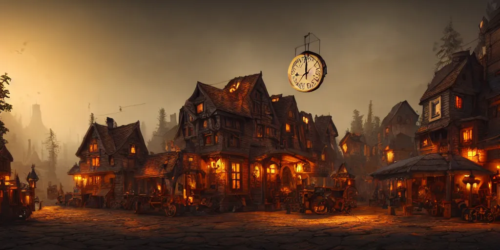 Image similar to a small steampunk wooden village, rich, cyborgs, dark aesthetic, soft colours, natural, steam, big clocks, concept art, octane render, unreal engine, in the style of luca guadagnino, highly detailed, high quality, artstation, digital art, 8 k hdr, cinematic, dramatic lighting, scenic, rich colour scheme