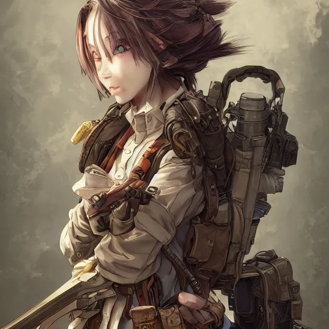 Image similar to the portrait of lawful neutral semi - colorful female infantry gunner as absurdly beautiful, gorgeous, elegant, young anime girl, an ultrafine hyperdetailed illustration by kim jung gi, irakli nadar, intricate linework, bright colors, octopath traveler, final fantasy, unreal engine 5 highly rendered, global illumination, radiant light, detailed and intricate environment