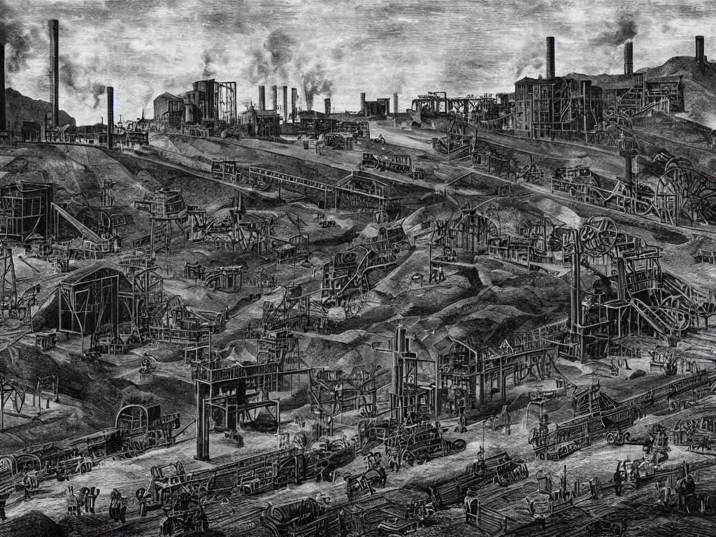 Prompt: industrial revolution, coal mine, miners