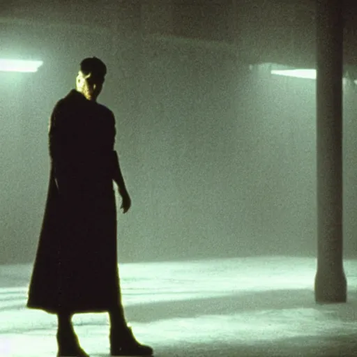 Prompt: the backrooms are empty, there is a lone replicant standing off in the distance, still from the movie bladerunner