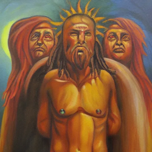 Image similar to the cult of the sun oil painting