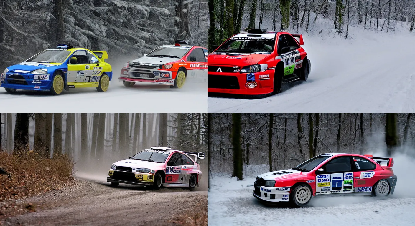 Prompt: a 2 0 0 4 mitsubishi lancer evolution viii mr, racing through a rally stage in a snowy forest