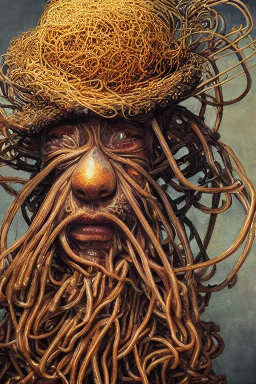 Image similar to The flying spaghetti Monster, oil on canvas, intricate, portrait, 8k highly professionally detailed, HDR, CGsociety