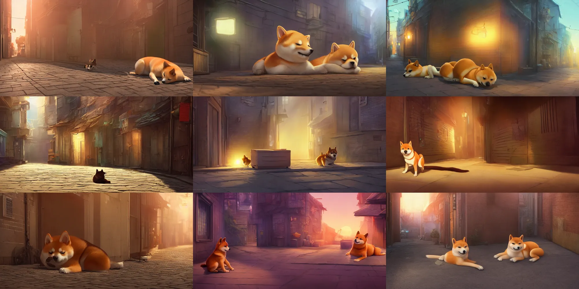 Prompt: a Shiba Inu sleeping in a cardboard box at night time in an alley, Pixar and Disney animation, sharp, Rendered in Unreal Engine 5, anime key art by Greg Rutkowski, Bloom, dramatic lighting, sunrise