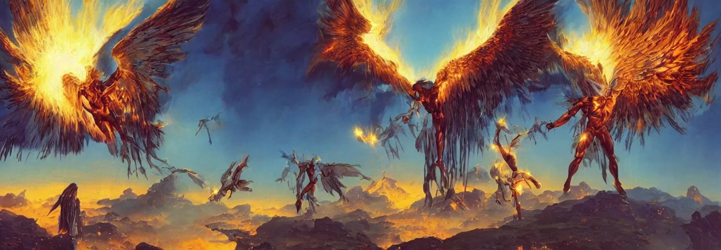 Prompt: an epic and awe-inspiring bruce pennington digital art landscape painting of Icarus crashing and burning while his father Daedalus looks on in disbelief