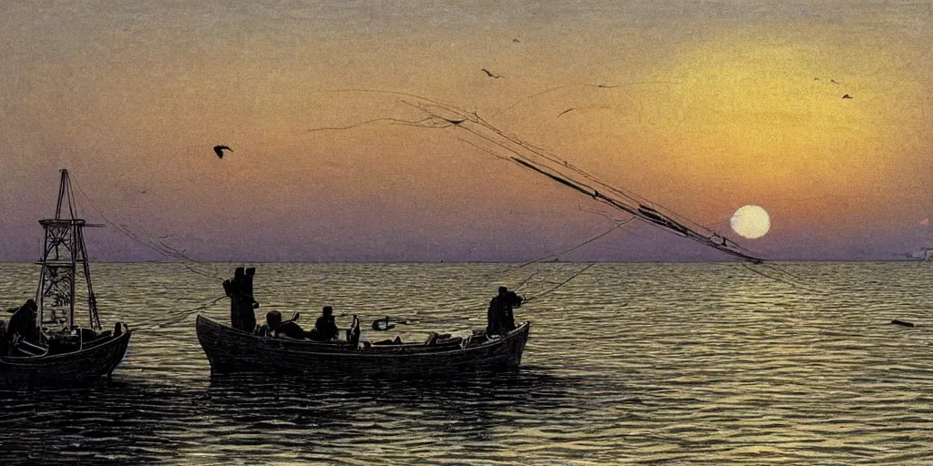 Prompt: rising sun ( ( ( fishing cormorant, fishing boat ) ) ) on the naples bay, by moebius