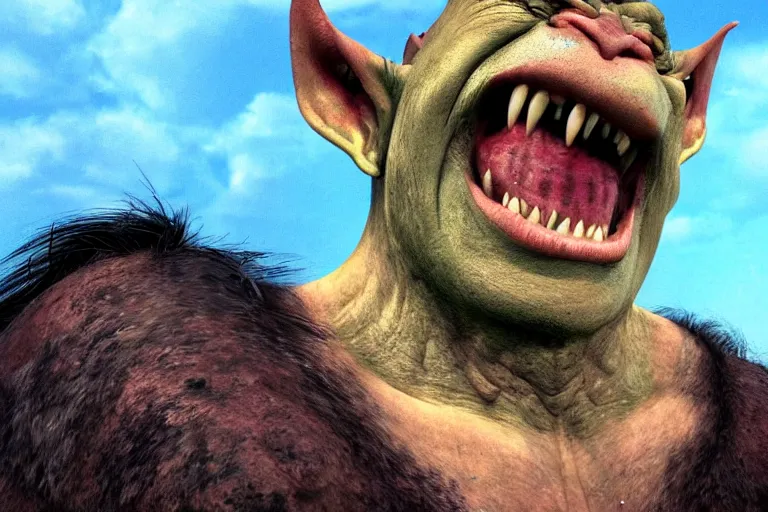 Prompt: realistic portrait photo of a happy orc. high resolution color photo, times magazine 2 0 2 1