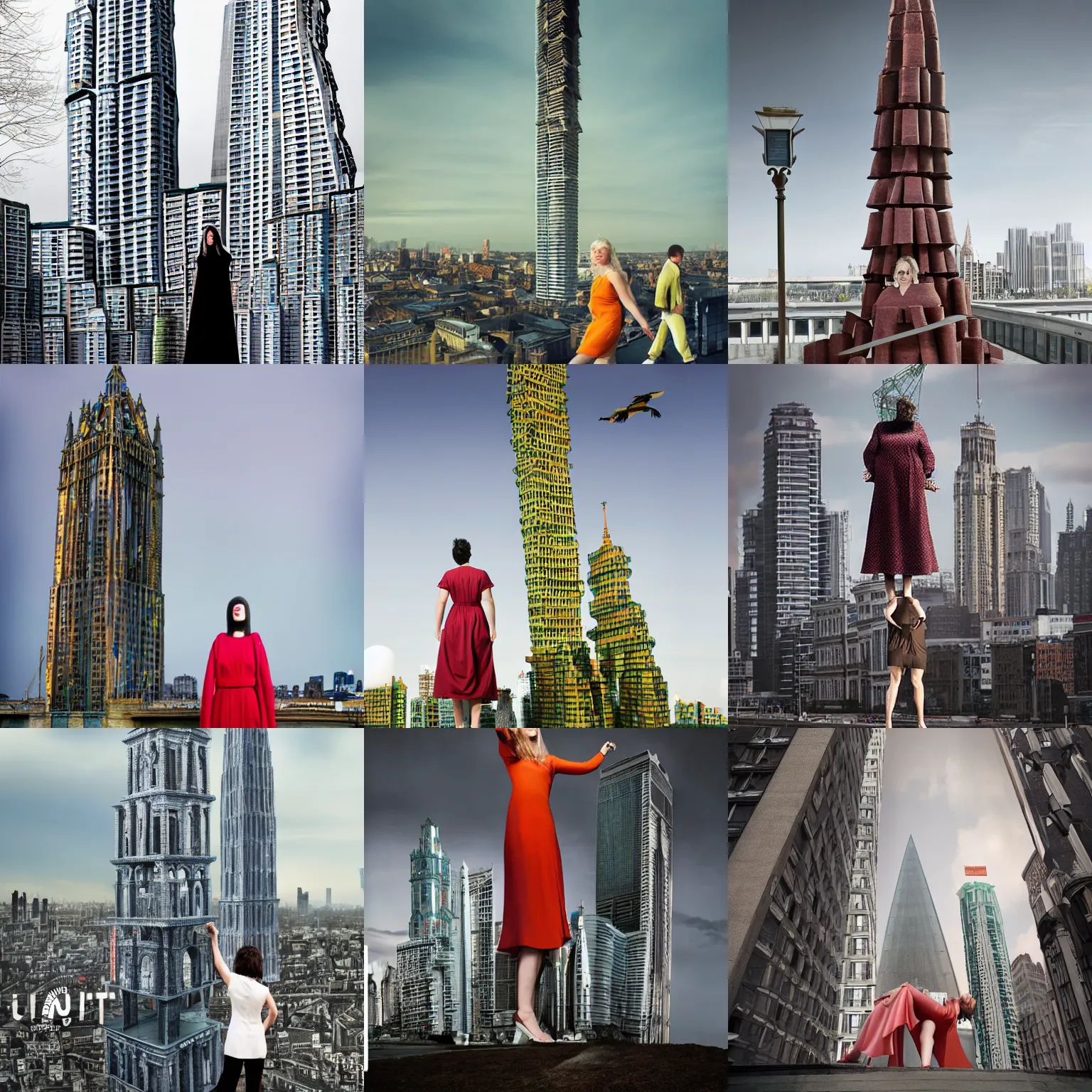 Prompt: Giant woman towers over a model city, photography by Julia Fullerton-Batten