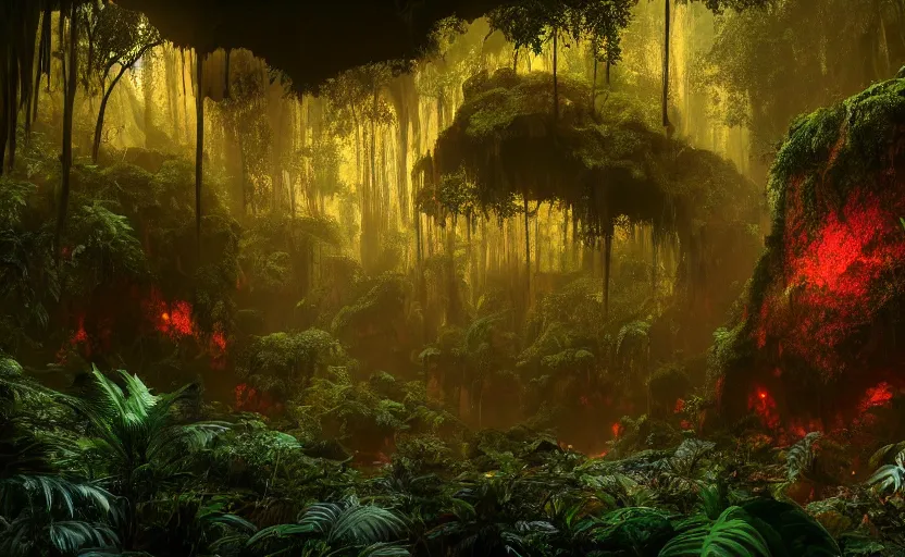 Image similar to a beautiful render of a dark prehistoric rainforest in a humongous cave, lush flora, patches of yellowish - red - magenta sky, sunset lighting, fireflies, floating mountains and a waterfall in the background, intricate detail, hazy, humid, volumetric lighting, god rays, 8 k, photorealistic, raytracing effects, unreal engine 5