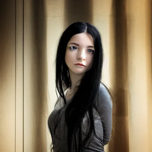 Image similar to an amazing award winning portrait photo of a young woman with black long hair, cinematic masterpiece