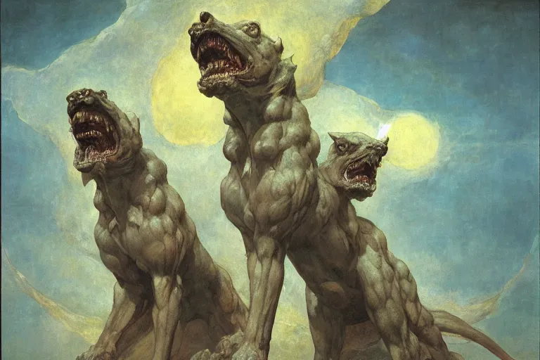 Image similar to hyperdetailed matte art of cerberus by william blake, ilya repin, amano, rene magritte, craig mullins