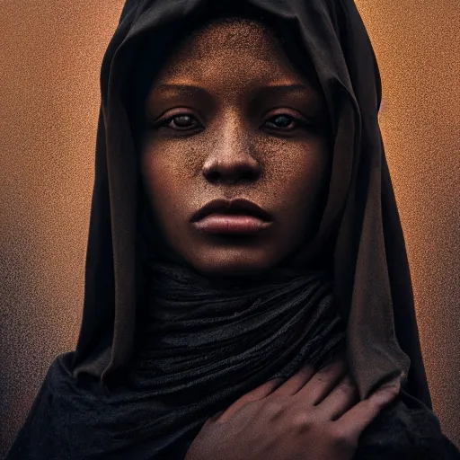 Image similar to a portrait of a young black woman wearing a long dark cloak, hood and shadows covering face, oil painting, matte painting, black background, Volumetric Golden dappled dynamic lighting, Highly Detailed, Cinematic Lighting, Unreal Engine, 8k, HD, by Beksinski