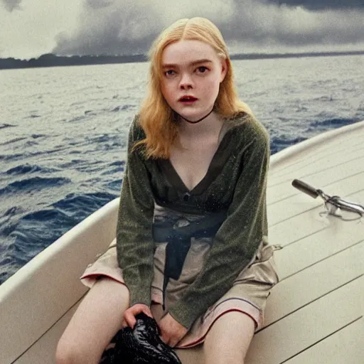 Prompt: Elle Fanning on a boat during a storm, by Norman Rockwell, Extremely detailed. 8K. Award winning.
