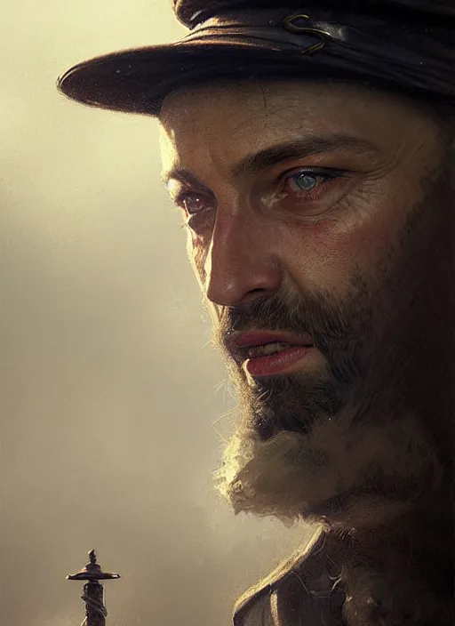 Image similar to portrait of a rugged man wearing a sailors cap, victorian, concept art, detailed face, fantasy, close up face, highly detailed, cinematic lighting, digital art painting by greg rutkowski