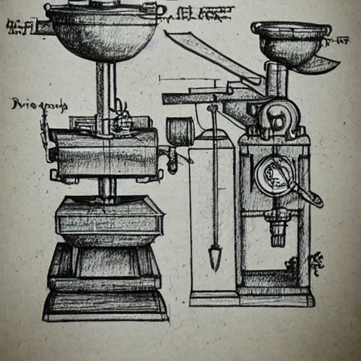 Image similar to various sketches of a mechanical coffee grinder in the style of leonardo da vinci, ultra detailed, scribbles, technical drawing, engineering blueprints