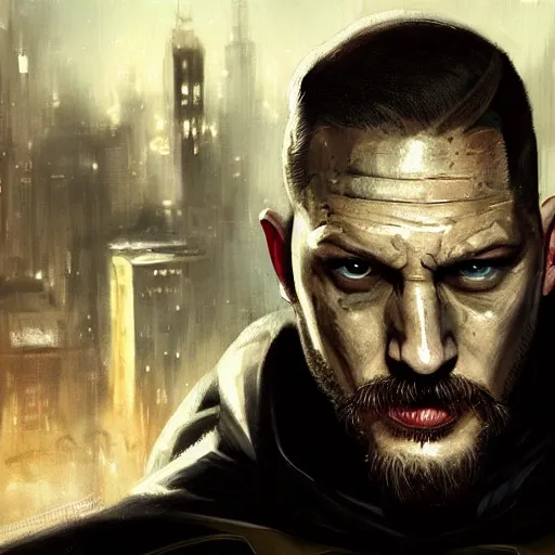 Prompt: closeup portrait of tom hardy as batman, city background, dramatic light, gorgeous view, depth, high detail, digital art, painted by greg rutkowski, trending on artstation