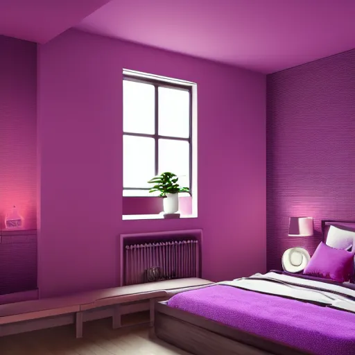 Image similar to interior of a beautiful and cozy bedroom, modern minimal design, vaporwave wallpaper texture, vivid lighting, purple color scheme, photorealist, 4 k