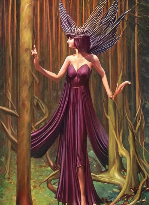 Prompt: slender sylph queen, black iron crown, diamond shimmering dress, strong line, deep color, forest, beautiful! coherent! by boris vallejo, by brom