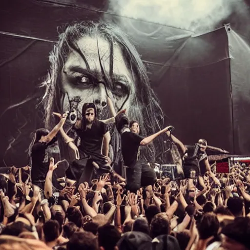 Image similar to lorna shore taking the stage at the hugest festival in the world, giant death wall, award winning photo