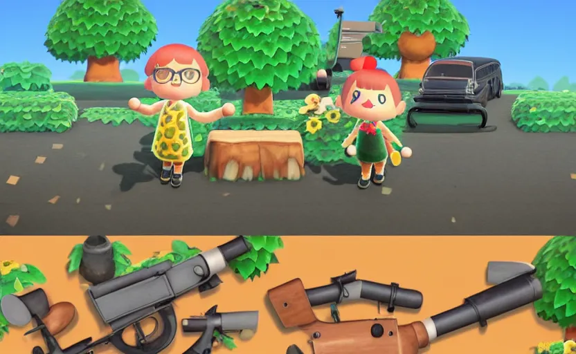 Image similar to animal crossing ak - 4 7, rocket launcher