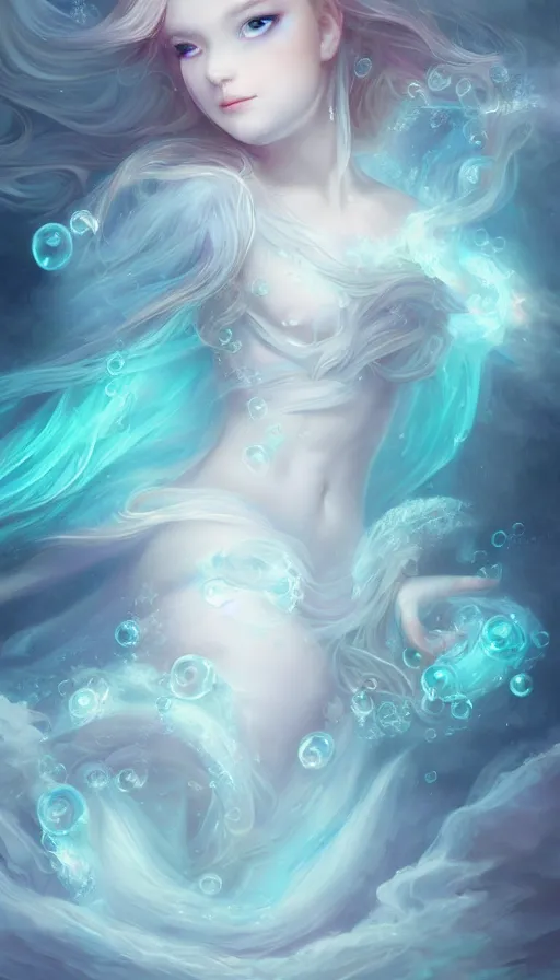 Prompt: portrait of magical ghost triton, ethereal , cloudy, transparant, gradient white cyan, dreamy and ethereal, (colour) eyes, peaceful expression, ornate frilly dress, fantasy, intricate, elegant, rainbow bubbles, highly detailed, digital painting, artstation, concept art, smooth,b sharp focus, illustration, art by artgerm and greg rutkowski and alphonse mucha