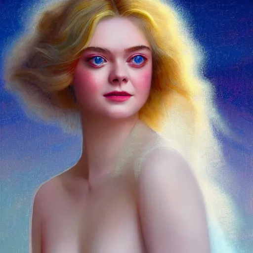 Prompt: professional painting of Elle Fanning in Santorini in the style of Delphin Enjolras, head and shoulders portrait, symmetrical facial features, smooth, sharp focus, illustration, intricate, stormy weather, extremely detailed masterpiece,