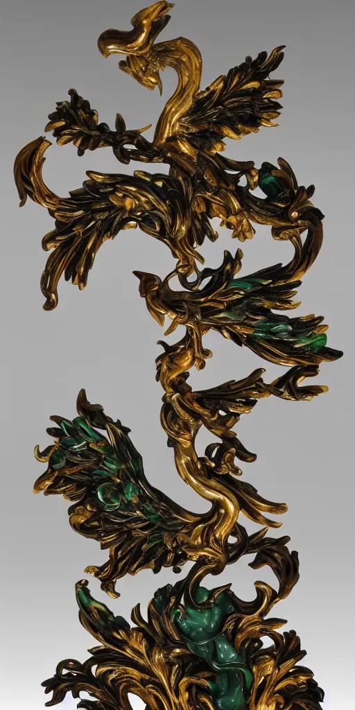 Image similar to baroque wood and gold phoenix sculpture with jade veins