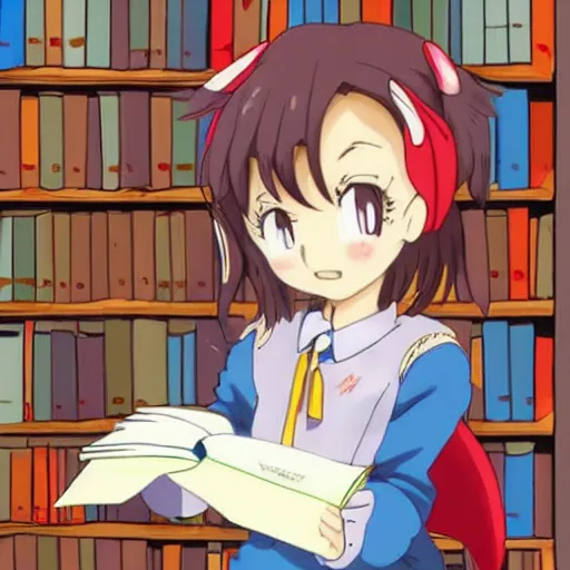 Prompt: a cute adorable phoenix fledgling learning to read in a library #anime