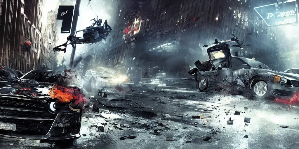 Image similar to Watch dogs game concept art 2012 car exploding in midle of the street with Aiden Pearse