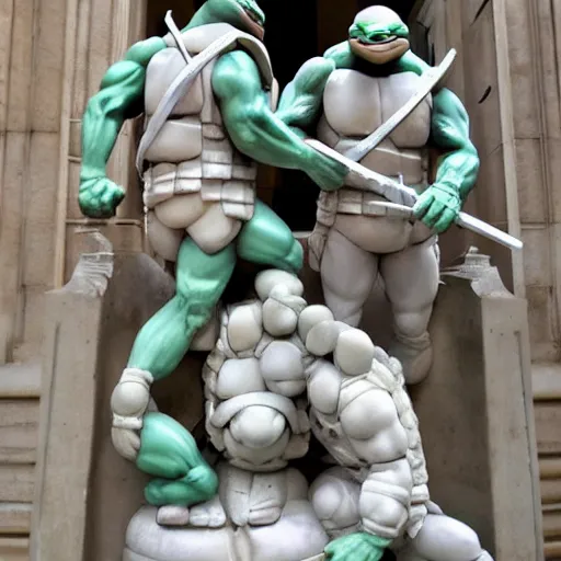 Image similar to teenage mutant ninja turtles as a sculpture from the renaissance, white marble, glossy, high details, cinematic