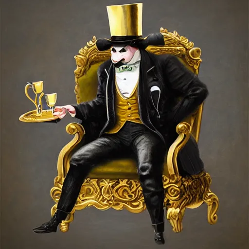 Prompt: oil painting of grumpy rich steampunk penguin sitting on fancy chair, wearing top hat, holding gold, steampunk factory background, factory background, sharp focus, fantasy style, octane render, volumetric lighting, 8k high definition, by greg rutkowski, highly detailed, trending on art Station, centered