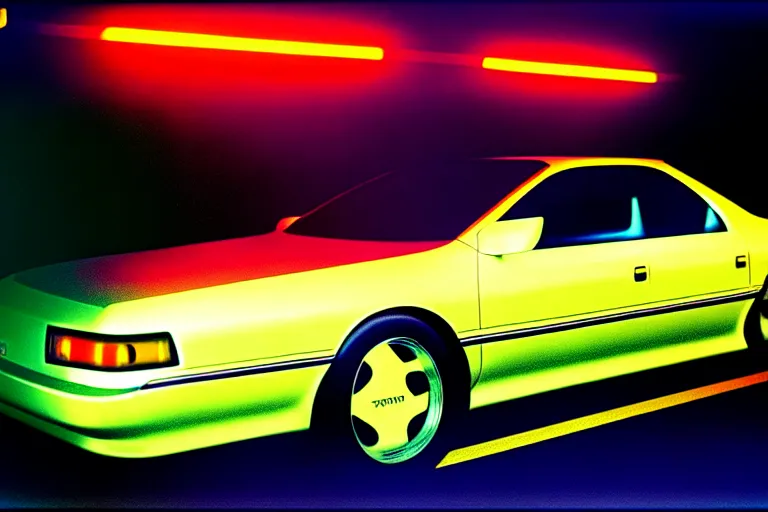 Image similar to stylized poster of a single toyota soarer concept, thick neon lights, ektachrome photograph, volumetric lighting, f 8 aperture, cinematic eastman 5 3 8 4 film