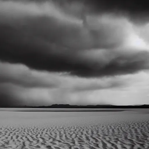 Prompt: the lone level sands stretch far away, but the sky is filled with immense structures, half-visible through roiling clouds