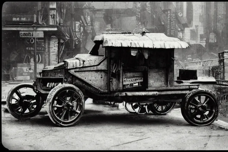 Image similar to cyberpunk 1 9 0 8 model ford t by paul lehr, metropolis, city, vintage film photo, scratched photo, scanned in, old photobook, silent movie, black and white photo