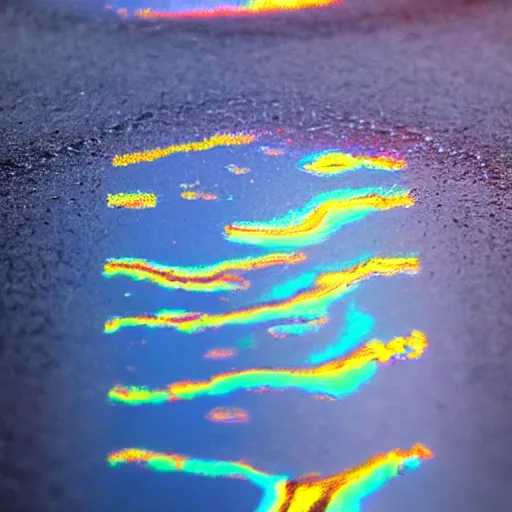 Image similar to close - up of a puddle of fuel, gas, diesel, iridescent shine reflection