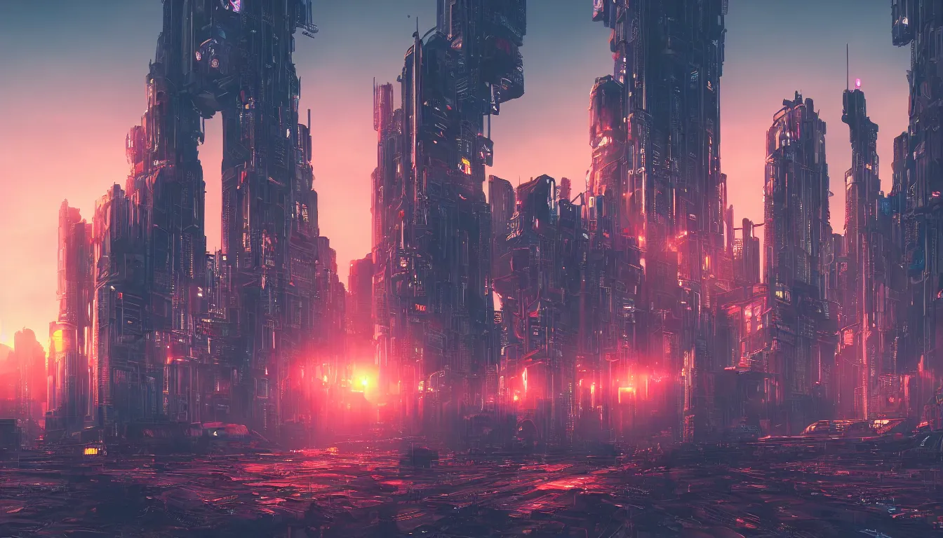 Prompt: aesthetic sunset futuristic dystopian cyberpunk city