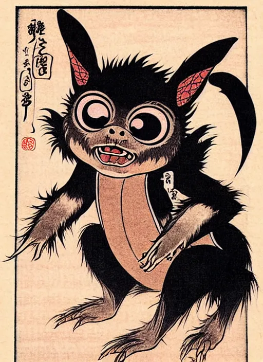 Prompt: a mogwai from gremlins ( 1 9 8 4 ) as a yokai illustrated by kawanabe kyosai and toriyama sekien