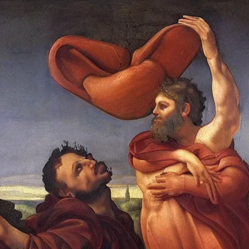 Image similar to God's disembodied hand is carrying flan behind all of us, painting by Michaelangelo, detailed, 4k