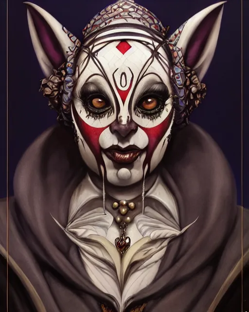 Image similar to front shot of a jester harlequin mastermind character, intricate, elegant, highly detailed, centered, (((artstation, concept art, smooth, sharp focus, artgerm, Tomasz Alen Kopera, Peter Mohrbacher, donato giancola, Joseph Christian Leyendecker, WLOP, Boris Vallejo))), mugshot!!!!!, ugly!!!!!!, octane render, nvidia raytracing demo, grainy, muted