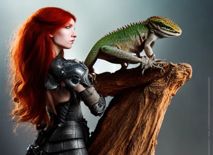 Image similar to 5 5 mm photo of an armored redhead woman with a lizard sitting on her shoulder by luis royo. highly detailed 8 k. intricate. lifelike. soft light. nikon d 8 5 0. cinematic post - processing