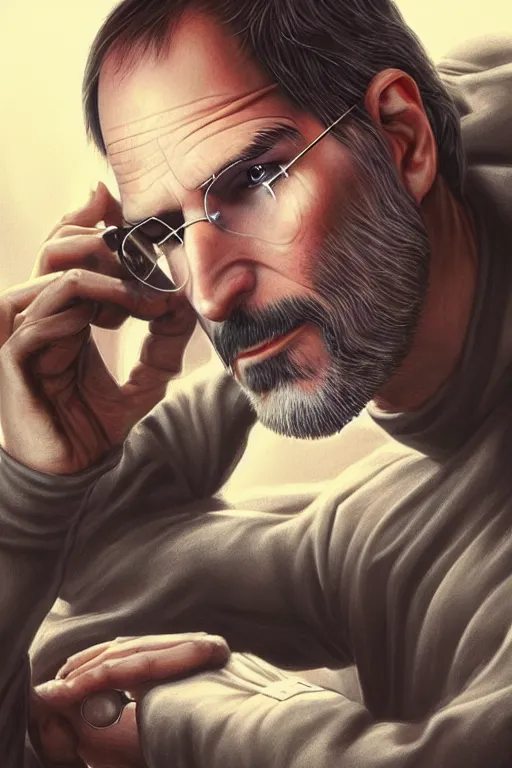 Prompt: ultra realistic illustration, steve jobs, apple, sci - fi, fantasy, intricate, highly detailed, digital painting, artstation, concept art, smooth, sharp focus, illustration, art by artgerm and drew struzan