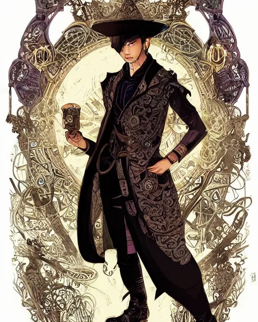 Prompt: a detailed portrait illustration of a steampunk noble - mage. handsome asian male face. art nouveau, pop art, comic book style. influenced by neil gaiman, h. p. lovecraft, dan mumford, eddie mendoza, vadim voitekhovitch, killian eng, ross tran.