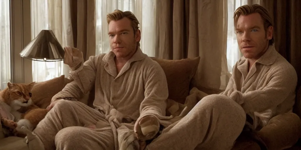 Prompt: ewan mcgregor is dressed to a pajamas. he is sitting on a sofa. on his lap is a brown cat. elegant. nice. epic scene. charismatic. light from window