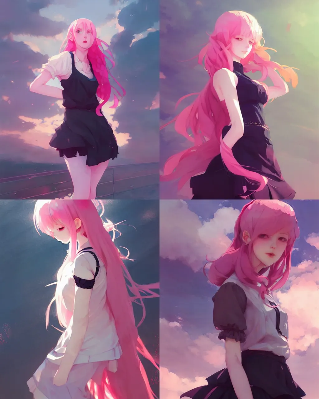 Prompt: a girl with pink hair and black skirt, beautiful background, a beautiful half body illustration, top lighting, perfect shadow, soft painting, reduce saturation, leaning towards watercolor, art by hidari and krenz cushart and wenjun lin