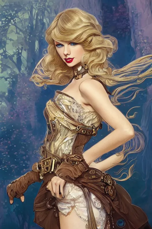 Image similar to taylor swift as a steampunk princess, blonde hair, high fantasy, dnd, smooth, sharp focus, illustration, highly detailed, digital painting, artstation, concept art, by disney animation, rossdraws, alphonse mucha, frank fanzzeta, collectible card art