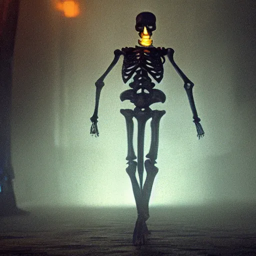 Image similar to a glowing skeleton walking. still from blade runner.