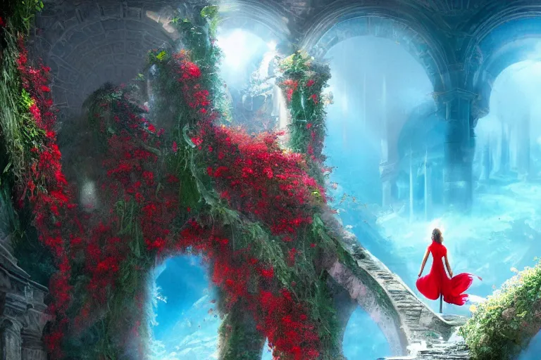 Prompt: broken arches leading to the pillars of eternity draped with red flowers and vines, blue sky, lens flare, a sense of mystery, cinematic, ultra detailed, intricate, sharp focus, trending on artstation, film still from Disney’s Atlantis: The Lost Empire (2001), 8K