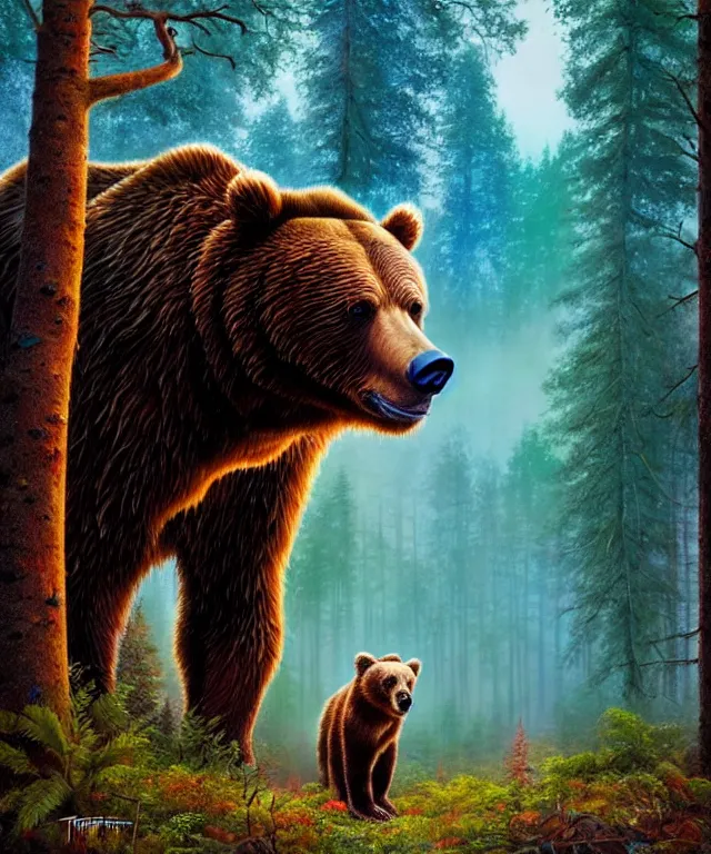 Image similar to a realistic brown bear, walking through a psychedelic forest, wide angle landscape shot, pixar style by tristan eaton, artgerm and tom bagshaw