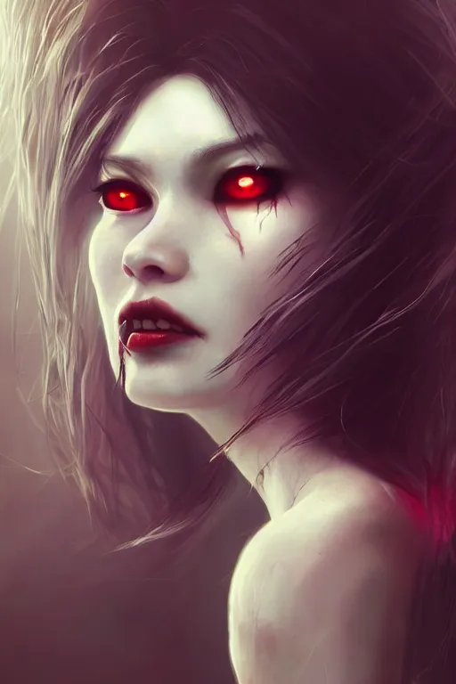 Image similar to creepy possessed woman with hair standing straight up and her eyes glowing red , made by Stanley Artgerm Lau, WLOP, Rossdraws, ArtStation, CGSociety, concept art, cgsociety, octane render, trending on artstation, artstationHD, artstationHQ, unreal engine, 4k, 8k,